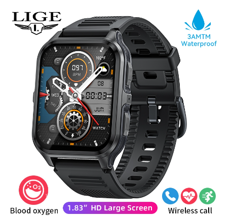 LIGE Smart Watch Original Bluetooth Call 1.83-inch Full Screen Touch Blood Pressure Heart Rate Monitor SmartWatch For Android and IOS ALL BLACK