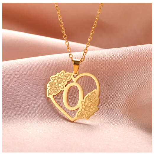 A-Z Initial Flower Necklace Women Stainless Steel Letter Heart Pendant Necklace Choker O