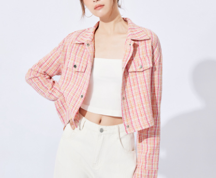 Casual Plaid Split Button Front Collar Women Jacket (Pink)