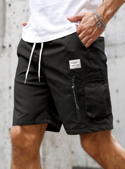 Manfinity Homme Men's Drawstring Waist Cargo Shorts Knee Plain Work Casual Husband