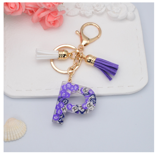 New 26 Letters Constellation Symbol Slice Resin Keychain Charms Women Handbag Ornaments With Tassel Key Ring Accessories Gift P