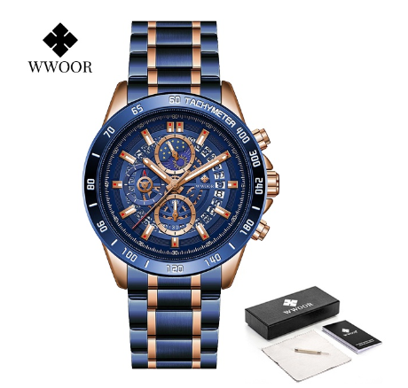 Wwoor Top Luminous Luxury Brand Mens Watches Stainless Steel Waterproof Sport Quartz Chronograph Wrist Watches BLUE DIAL TWO TONE