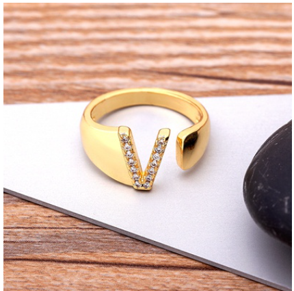 Fashion Chunky Wide Hollow A-Z Letter Gold Color Opening Ring Initials Name Alphabet Female Jewelry V