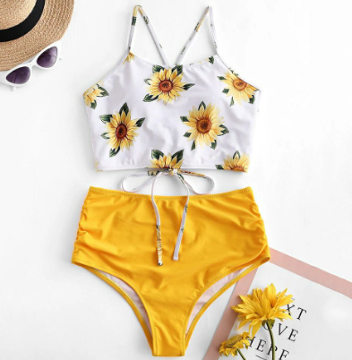 Women Sunflower Print Sexy High Waist Bikini Push Up 2 Pieces Swimsuit