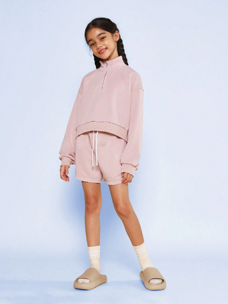 SUMWON Tween Girls Funnel Neck Half Zip Essential Sweatshirt And Short With Hear Embroidered Design