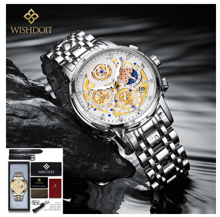 WISHDOIT Watch for Men Original Waterproof Stainless Steel Multifunction Chronograph Calendar Luminous Business Fashion Watch  SILVER WHITE