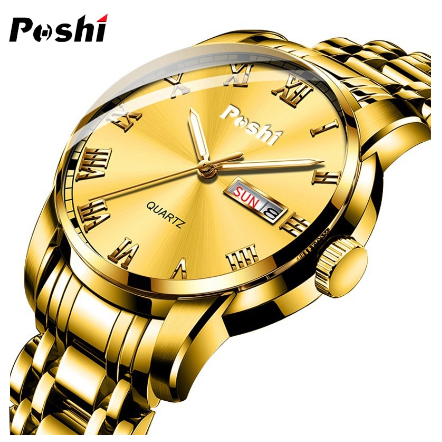 POSHI Men Watch Waterproof Steel Belt Dive Sports Quartz Original For Gold Dual Calendar Luminous 04