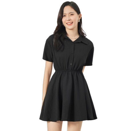 Lovito Women Button Front Pleated Dress L68ED160 (Black)