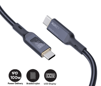 Aukey CB-MCC102 Fast Charging Cable 100W 5A 480Mbps Type C to C Charger Cable Nylon 1.8M LCD Display Black/White For Samsung