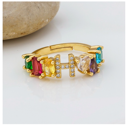 Hot Sale Adjustable A-Z 26 Initial Ring Bohemian Copper Zircon Rainbow Letter Rings for Women Girls Jewelry H