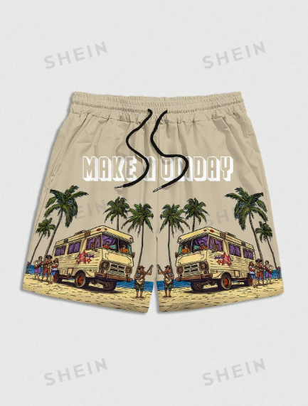 ROMWE Street Life Men Drawstring Waist Palm Tree Printed Casual Loose Shorts With Slogan