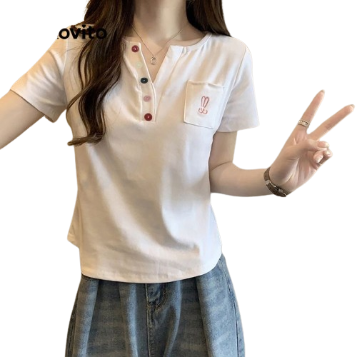 Lovito Casual Plain Button Front Short Sleeves T-Shirt for Women LNA08072 (White)