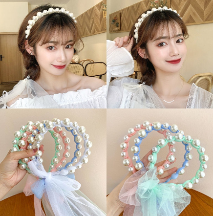Girls Pearl Ribbon Headband Korean Princess Ponytail Girls Fashion Hair Accessories