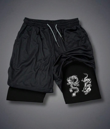 Men's Shorts Dragon Graphic Print Short Gym Jogging Compression Short With Drawstring Waist Fashion 2 In 1 Quick Dry Double Shorts Black