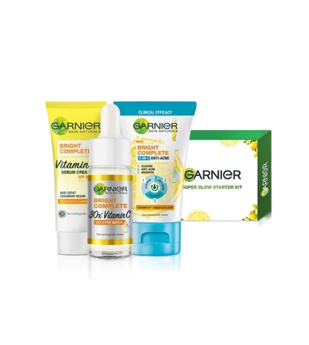 New Garnier Super Glow Starter Kit  Anti-Acne Cleanser Vitamin C Serum and Brightening Day Cream