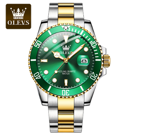 Olevs Watch For Men Waterproof Silver Green Relo With Box Luxury Business Luminous Stainless Steel Wrist Watches GREEN DIAL TWO TONE STRAP