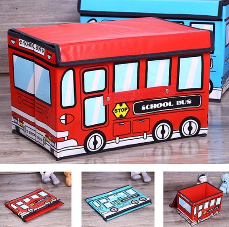 School Bus Storage Box Organizer With Lid Collapsible Foldable Cartoon Clothes Toy Storage Box
