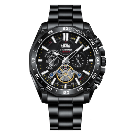Binbond Fashion Luminous Calendar Luxury Waterproof Stainless Steel Student Watch Men's Tourbillon Gift Steel Band Three Eyes Six Hands Watch m5