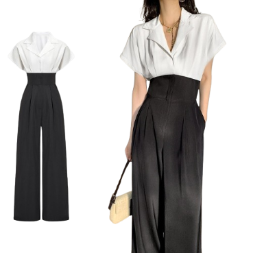 Lovito Women Elegant Patchwork Colorblock Jumpsuit L71ED204 (Black and White)