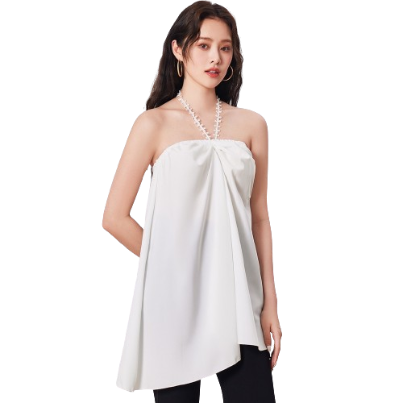 Lovito Women Casual Plain Pearls Ruched Tank Top LNE27231 (White)