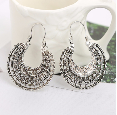 Antique Vintage Tibetan Silver Ethnic Tribal Boho Carved Hoop Hook Earrings