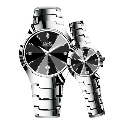 OPK Couple Watch Gold Quartz Black and Silver Stainless Steel Watches BLACK DIAL SILVER CASE STRAP