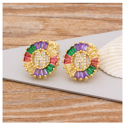 Colorful Choice 26 Initial Letters Earrings Cute Alphabet Copper CZ A-Z Rainbow Stud Earrings Name Jewelry N