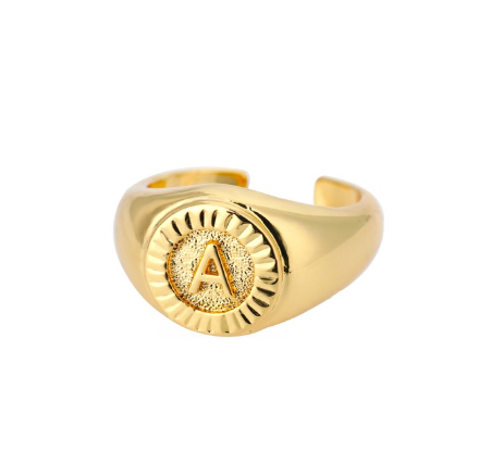 Maxzone Vintage Initial Letter Signet Rings For Women Stainless Steel Ring Round Opening Gold Letter Ring Aesthetic Wedding Jewelry Gift A