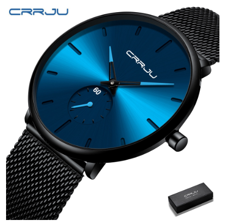 CRRJU Men's Fashion Black Stainless Steel Wrist Watch Waterproof Business Dress Watch for Men 2150S M2