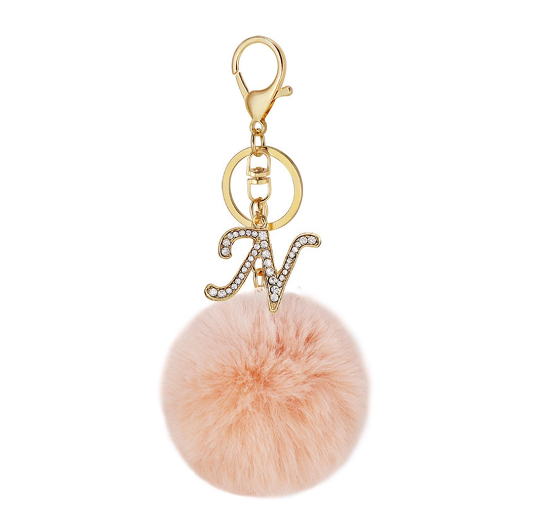 New 26 Letter Rhinestone Alloy Keychain Charm Girls Pink Pompom Key Ring Car Key Holder Women Bag Ornaments Accessories N