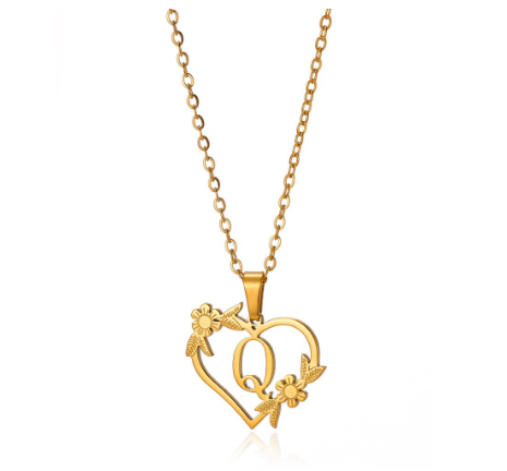 New Personalized Creative Gold Plated Stainless Steel Love Flower Hollow Heart A-Z Letter Necklace Initial Name Pendant Women's Q