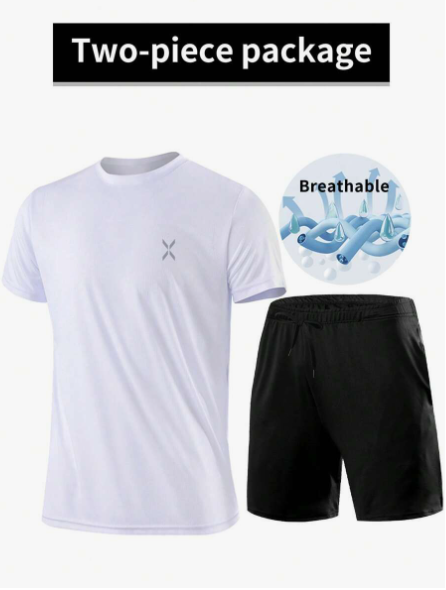 2-Piece Men Sports Suit Quick-Drying And Breathable T-Shirt With Fashionable Casual Shorts With Pockets, Lightweight Breathable Drawstring Running Fitness Tops For Basketball And Soccer Men Shorts Set