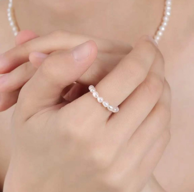 Freshwater Rice Pearl Bead Rings for Women Elastic Jewelry