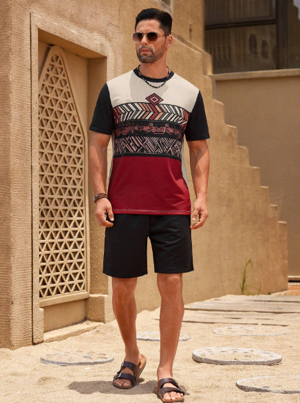 Manfinity KASUA Men's Short Sleeve Round Neck Tee With Geometric Print, Summer