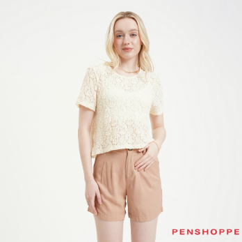 Penshoppe Relaxed Fit Textured Lace Top For Women Cream/Light Blue