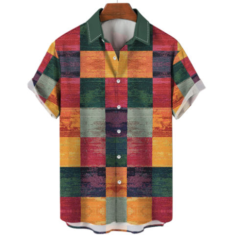 Men's Summer Shirts Casual Beach Party Short Sleeve For Men Graid Printing Shirts Male Tops Clothing