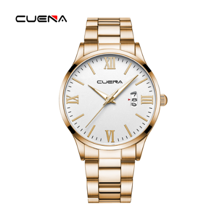 CUENA Original Brand New Men's Watch Simple Luxury Automatic Calendar Fashion Business Sports Stainless Steel Wristband Waterproof Watch GOLD WHITE