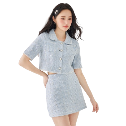 Lovito Casual Plain Raw Hem Textured Fabric Pearl Buttons Skirt Sets for Women L49AD082 (Blue)