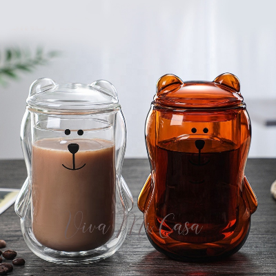 Bear Shaped Double Wall Glass with glass lid - Vivamicasa