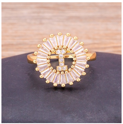 Initial 26 Alphabet Adjustable Size Gold Color Zircon A-Z Letter Ring Statement Name Jewelry I