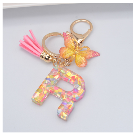 Exquisite 26 Letter Resin Keychain with Pink Tassel Gradient Butterfly Pendant Key Ring Women Bag Ornaments Accessories R