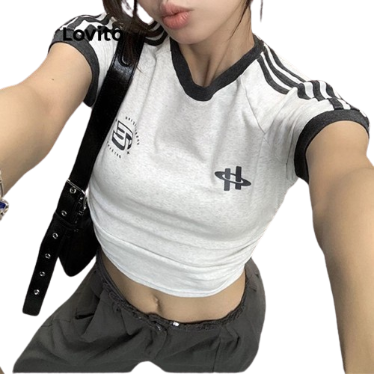 Lovito Women Contrast Binding T-Shirt LNE20124 (Light Grey)