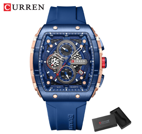 CURREN Original Brand Men's Watch Multifunctional Timing Luminous Silicone Waterproof Fashion Business Sports Quartz 8442 BLUE