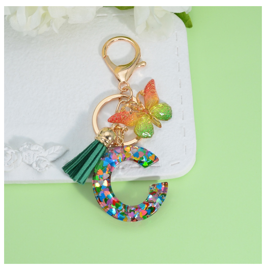Fashion Butterfly Pendant 26 Letter Keychain Heart Sequins Filled A-Z Initial Key Chains With Tassel Bag Charms Accessories Gift G