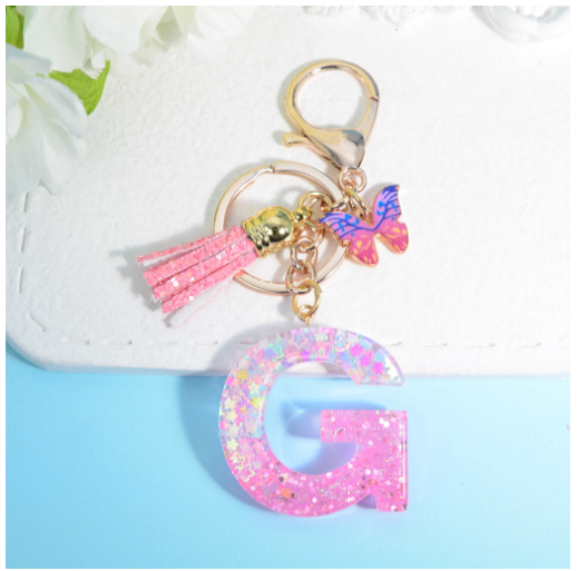 Glitter Star Sequin Filled 26 Letter Keychains With Butterfly Pendant Fashion Tassel Name Initials Key Chains Car Keyrings Gifts G