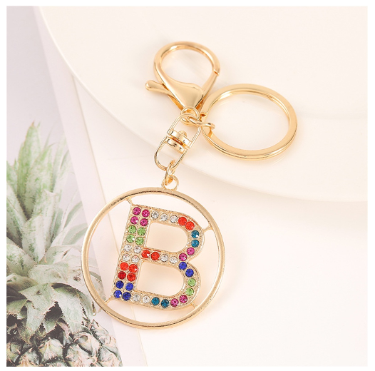 Colorful Rhinestone A-Z Letter Keychain Hollow Round Initials Alloy Keyring Bag Pendant Ornament DIY Accessories Charms Gift B
