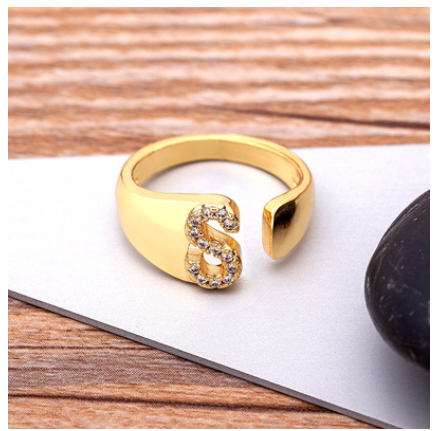 Fashion Chunky Wide Hollow A-Z Letter Gold Color Opening Ring Initials Name Alphabet Female Jewelry S