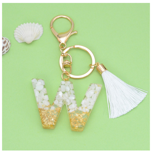 1Pc Gold Tassel Alphabet Keychain English Letter Keyring Glitter Gradient Resin Gold Leaf Crafts Car Mirror Handbag Charms W