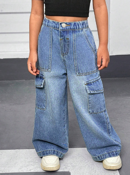 SHEIN Young Girl's Y2K Casual Loose Fit And Versatile Denim Cargo Jeans With Cargo Pockets And Wide Legs,Summer Street Cool Thin Denim Wide-Leg Pants