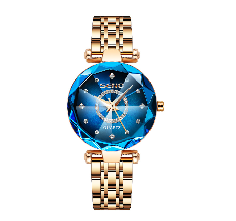 Seno Ocean Star Steel Band Women's Watch Fashion Crystal Ladies Quartz Wristwatch GOLD BLUE